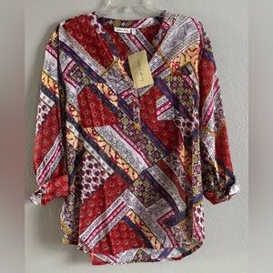 NWT Cotton Daisy Women's Bohemian Slightly Sheer Blouse Sz XL Rolled 3/4 Sleeves